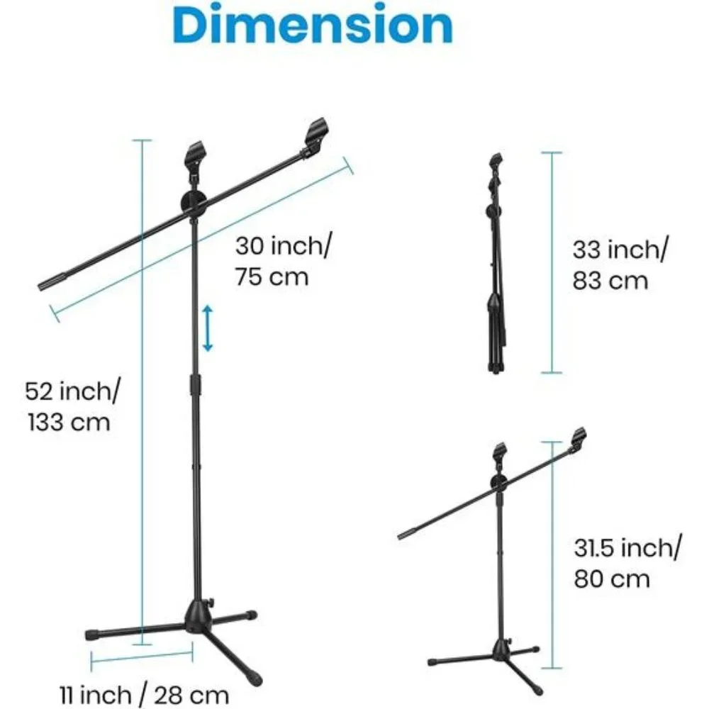 Microphone Stand with 2 Non-Slip Mic Clip Holders & 2 Foam Covers (Black)